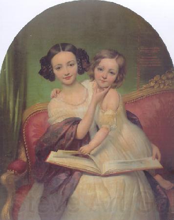 Joseph-Desire Court Portrait de Marguerite Louise Cibiel et de Marie Aglaure Cibiel assises sur un sofa  feuilletant un livre Spain oil painting art